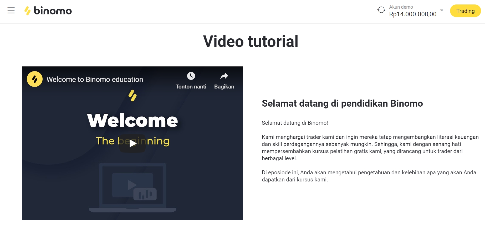 Gambar video tutorial Binomo